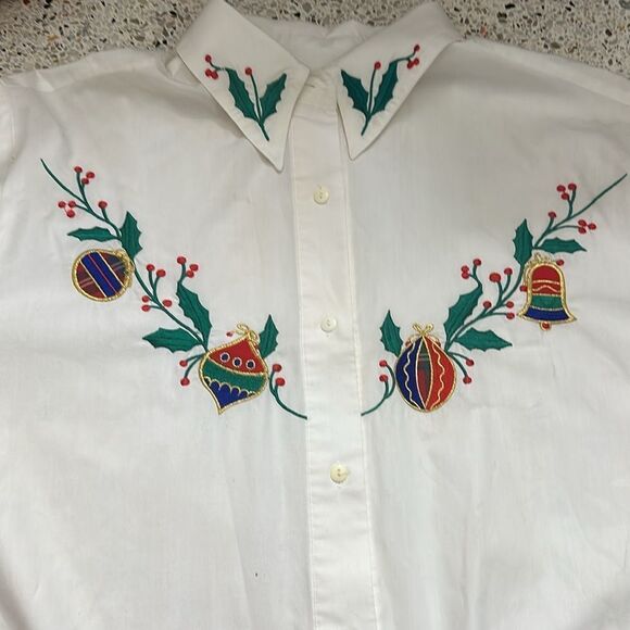 Holiday Christmas button up blouse XL embroidered ornaments holly - Picture 1 of 5